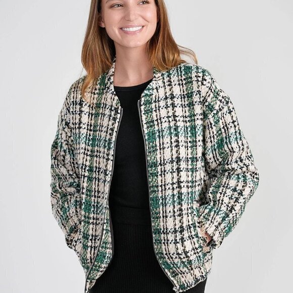 New Zara Plaid Textured Tweed Oversized Bomber Green Chanel Style Jacket NWT XS - Picture 4 of 17